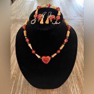 Handcrafted Red Heart Pendant Necklace, Bracelet and Earring Set